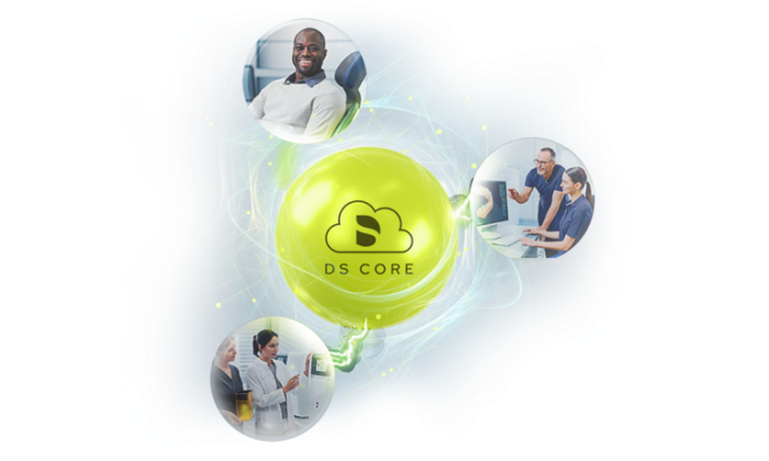 Ecossistema DS Core conectando Primescan 2, laptop e tablet via nuvem